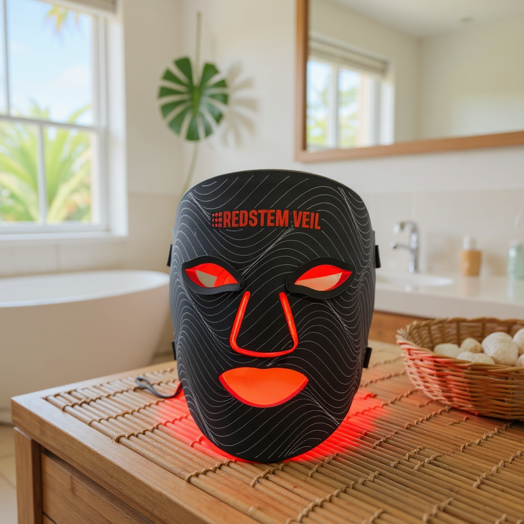 Person wearing RedStem Veil LED face mask for red light therapy skin rejuvenation